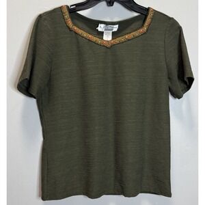 EK Designs T Shirt Olive Green Red Size Medium Vneck Paisley Boho Collar